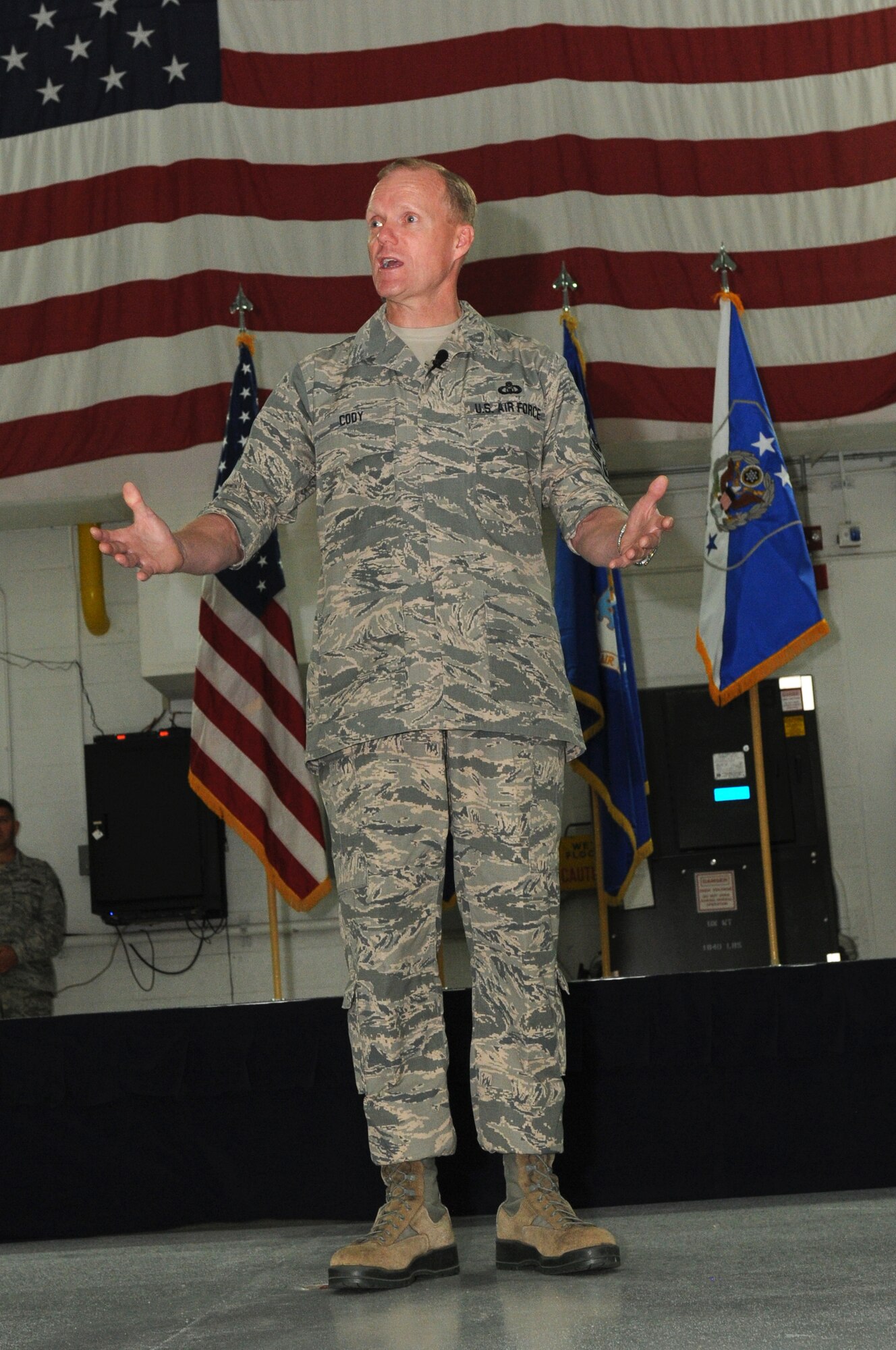 Chief Master Sgt. of the Air Force James A. Cody speaks with Airmen at the 174th Attack Wing, Hancock Field on Sep. 7, 2013. Cody visited Hancock Field to meet with Airmen, get the pulse of the enlisted force and answer any questions. (Photo by New York Air National Guard Tech. Sgt. Justin A. Huett)