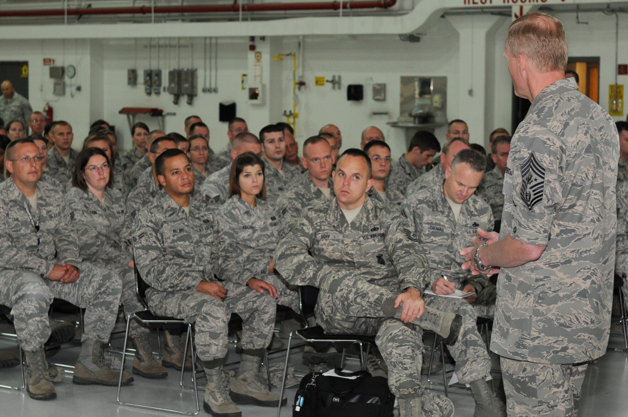 Chief Master Sgt. of the Air Force James A. Cody speaks with Airmen at the 174th Attack Wing, Hancock Field on Sep. 7, 2013. Cody visited Hancock Field to meet with Airmen, get the pulse of the enlisted force and answer any questions. (Photo by New York Air National Guard Tech. Sgt. Justin A. Huett)