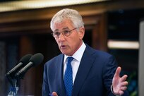 Secretary of Defense Chuck Hagel speaks at a press conference with Philippines National Defense Secretary Voltaire Gazmine at the Malacanang Palace in Manila, Philippines, Aug. 30, 2013. Hagel has issued a message on suicide prevention to the men and women of the Defense Department.
