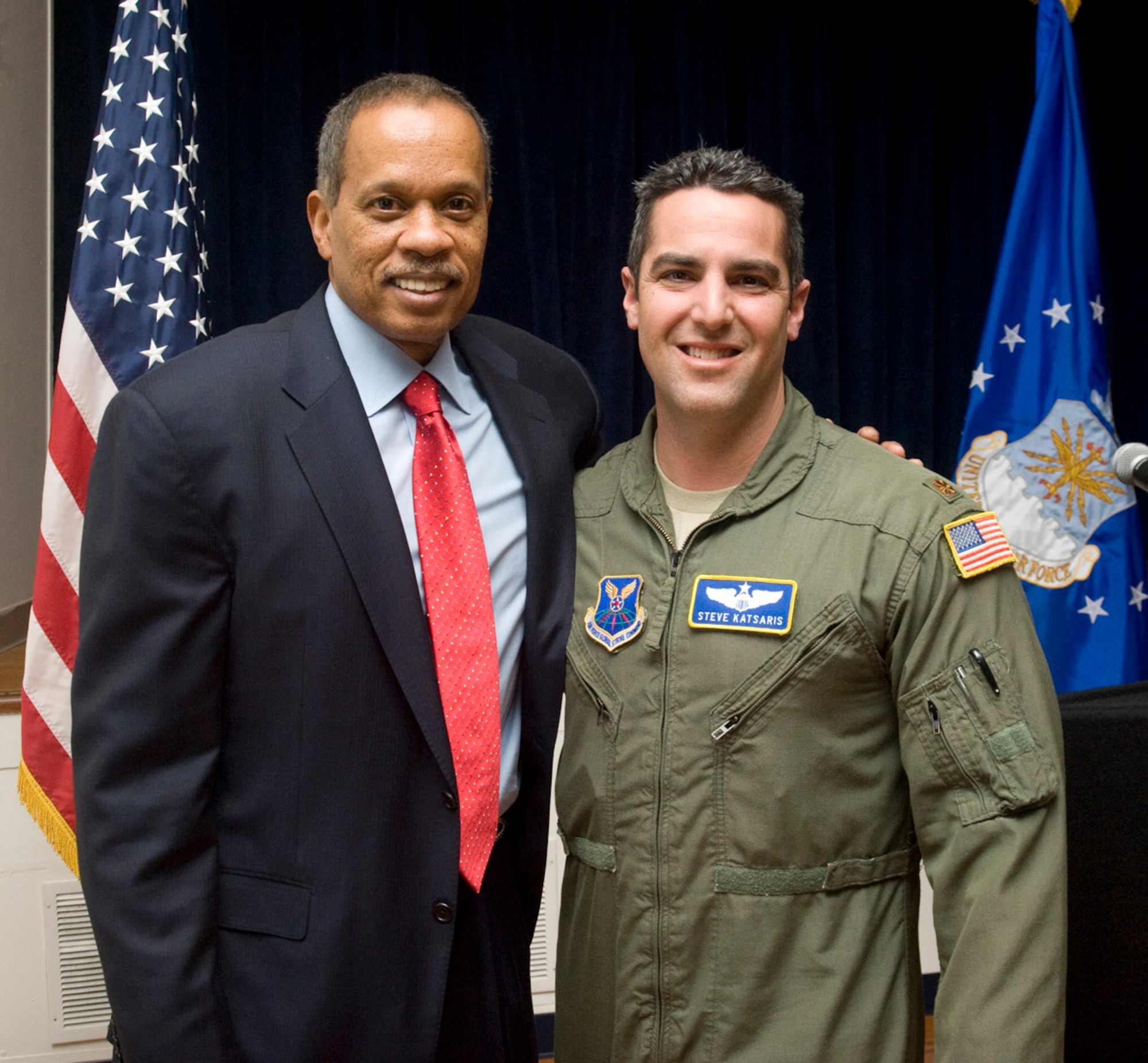 Maj. Steve Katsaris, Air Force Global Strike Command chief of helicopter training, poses for a photo with Juan Williams, Fox News contributor/analyst and on-air talent for “The Five”, at Andrews Air Force Base, Md., April 1, 2011. Katsaris has been in the Air Force more than 17 years and prior to his commission had been a prominent talent in the broadcasting world as a DJ. During his Air Force career, he has volunteered to be an emcee at various functions, including the Global Strike Challenge at Barksdale.