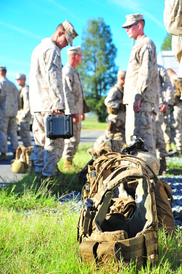 Marines prepare for combat convoy training at the Reserve Support Unit aboard Marine Corps Base Quantico on Sept. 6, 2013. More than 50 Marines from the 1st Fleet Antiterrorism Security Team out of Norfolk, Va., were aboard Quantico to conduct training. 