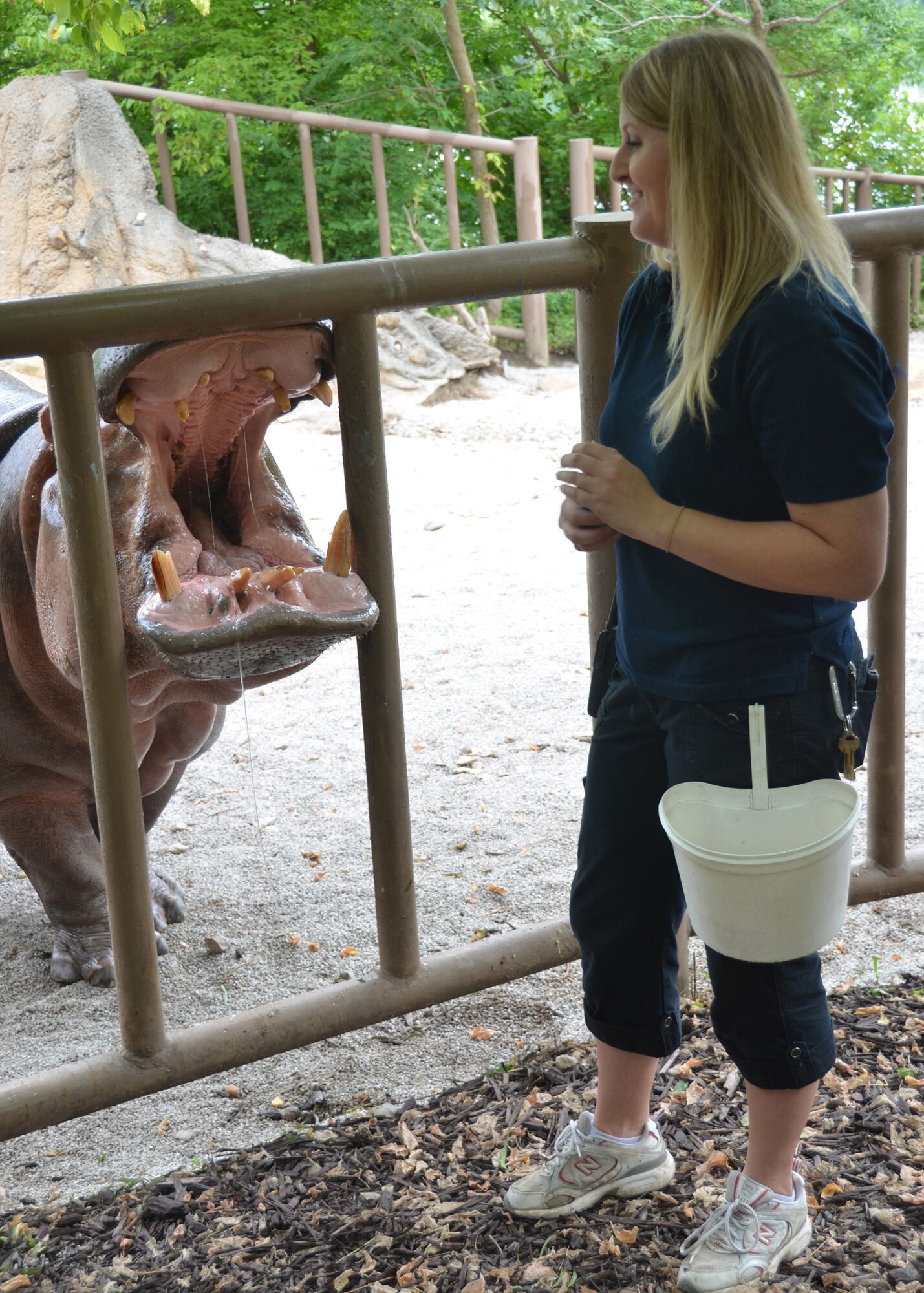 Hippopotamus ‘Liberty’ pleads for more treats from zookeeper Casey Self in the Ruwenzori section of the Kansas City Zoo, Aug 9, 2013. When not working at her civilian job as a zoo keeper, Self is a Citizen-Airman with the 131st Bomb Wing, Missouri Air National Guard, at Whiteman AFB., Mo.