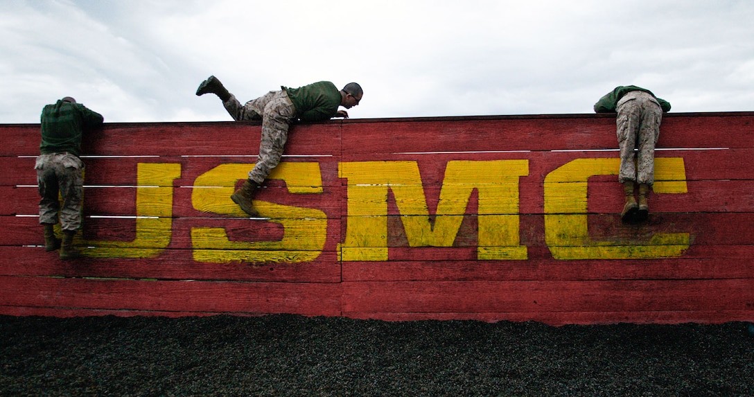 Recruits of Golf, Company, 2nd Recruit Training Battalion, climb over a wall during the obstacle course Feb. 25, 2013 on Parris Island. 