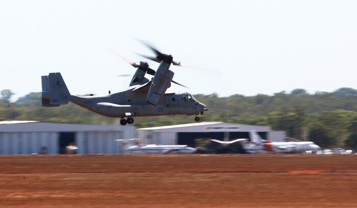 An MV-22B Osprey with Marine Medium Tiltrotor Squadron 265, 31st Marine Expeditionary Unit, takes off to Bradshaw Field Training Area for Exercise Koolendong, here, Aug. 28. Marines with Marine Rotational Force - Darwin flew in four Ospreys to travel to BFTA. During this exercise, Marines with MRF-D and the 31st MEU will work bilaterally with Australian soldiers from Bravo Company, 5th Battalion, Royal Australian Regiment.