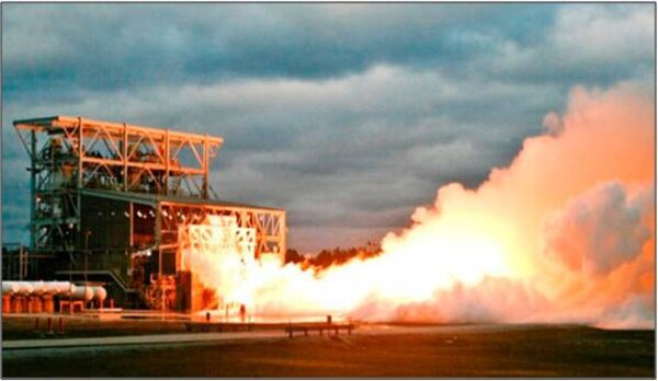 Engine test underway at the NASA SSC E-1 test facility. 