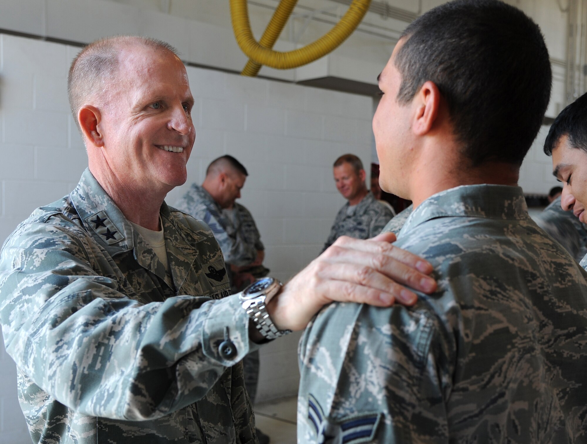 Maj. Gen. Stephen W. Wilson, commander, Eighth Air Force, met with Airmen throughout the 5th Bomb Wing during his visit to Minot Air Force Base, Sept. 3-6. Wilson also addressed Airmen in an all-call, where he stressed the importance of every Airman’s individual contribution to the mission. (U.S. Air Force photo/Airman 1st Class Andrew Crawford)