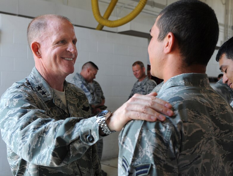 Maj. Gen. Stephen W. Wilson, commander, Eighth Air Force, met with Airmen throughout the 5th Bomb Wing during his visit to Minot Air Force Base, Sept. 3-6. Wilson also addressed Airmen in an all-call, where he stressed the importance of every Airman’s individual contribution to the mission. (U.S. Air Force photo/Airman 1st Class Andrew Crawford)