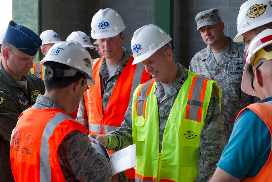 Maj. Gen. Stephen W. Wilson, commander, Eighth Air Force, visited several construction projects during his visit to Minot Air Force Base, Sept. 3-6. During an all-call held for 5th Bomb Wing Airmen, Wilson stressed the importance of having proper equipment and facilities. (U.S. Air Force photo/Airman 1st Class Kristoffer Kaubisch)