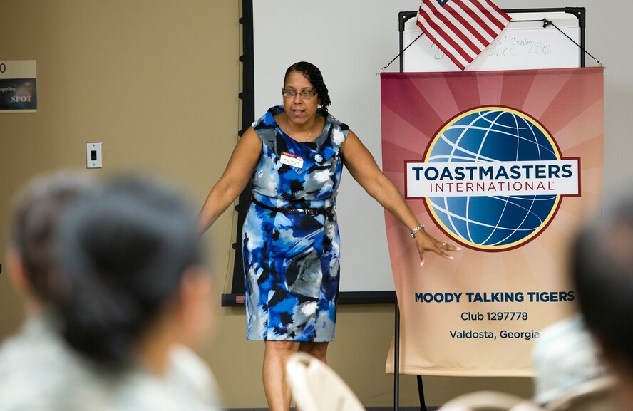 Renee Atkins, Toastmasters District 14 secretary, speaks on self improvement at The SPOT, Moody Air Force Base, Ga., Sept. 8, 2013. Atkins also served as the Table Topics master, whose role is to prepare impromptu topics to help members think on their feet. (U.S. Air Force photo by Airman 1st Class Ryan Callaghan/Released)
