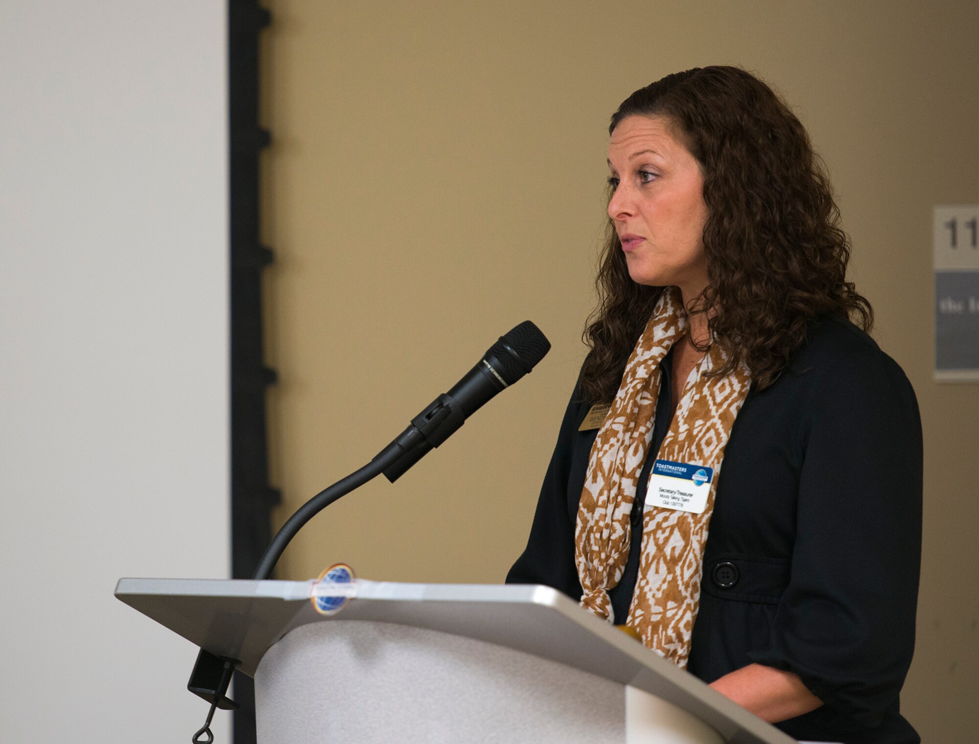 Wendy Byrd, treasurer and secretary of the Moody Talking Tigers Toastmasters, shares the word of the day at The SPOT, Moody Air Force Base, Ga., Sept. 8, 2013. The word of the day is an uncommonly-used word meant to expand a toastmasters’ vocabulary. (U.S. Air Force photo by Airman 1st Class Ryan Callaghan/Released)
