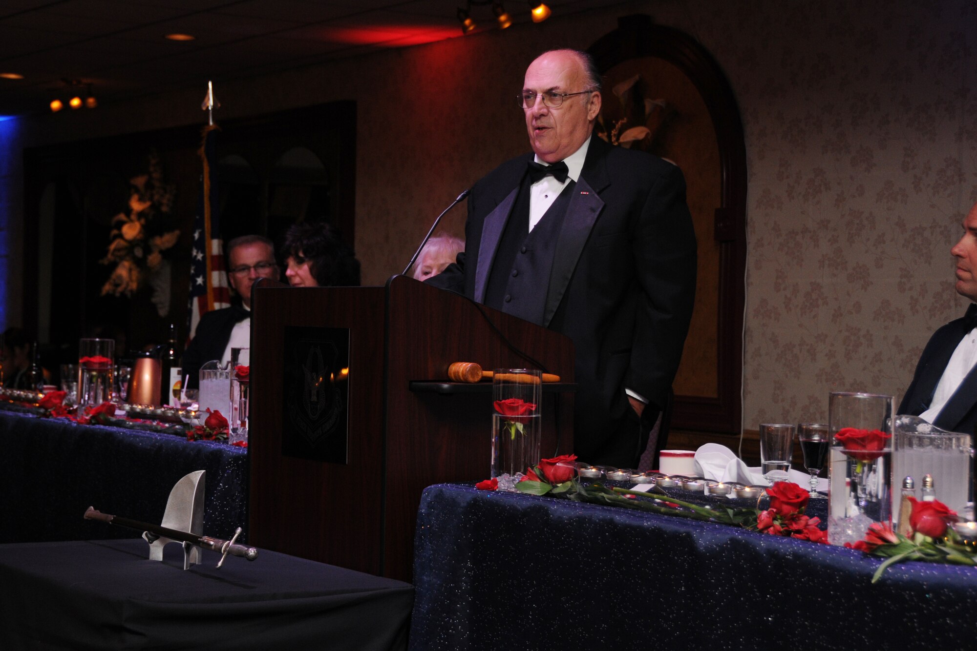 Mr. Terry Aitken, senior curator of the National Museum of the United States Air Force at Wright-Patterson Air Force Base, Ohio, delivers the keynote address as the guest speaker at the 910th Airlift Wing’s Air Force Birthday Dining Out Sept. 8, here.