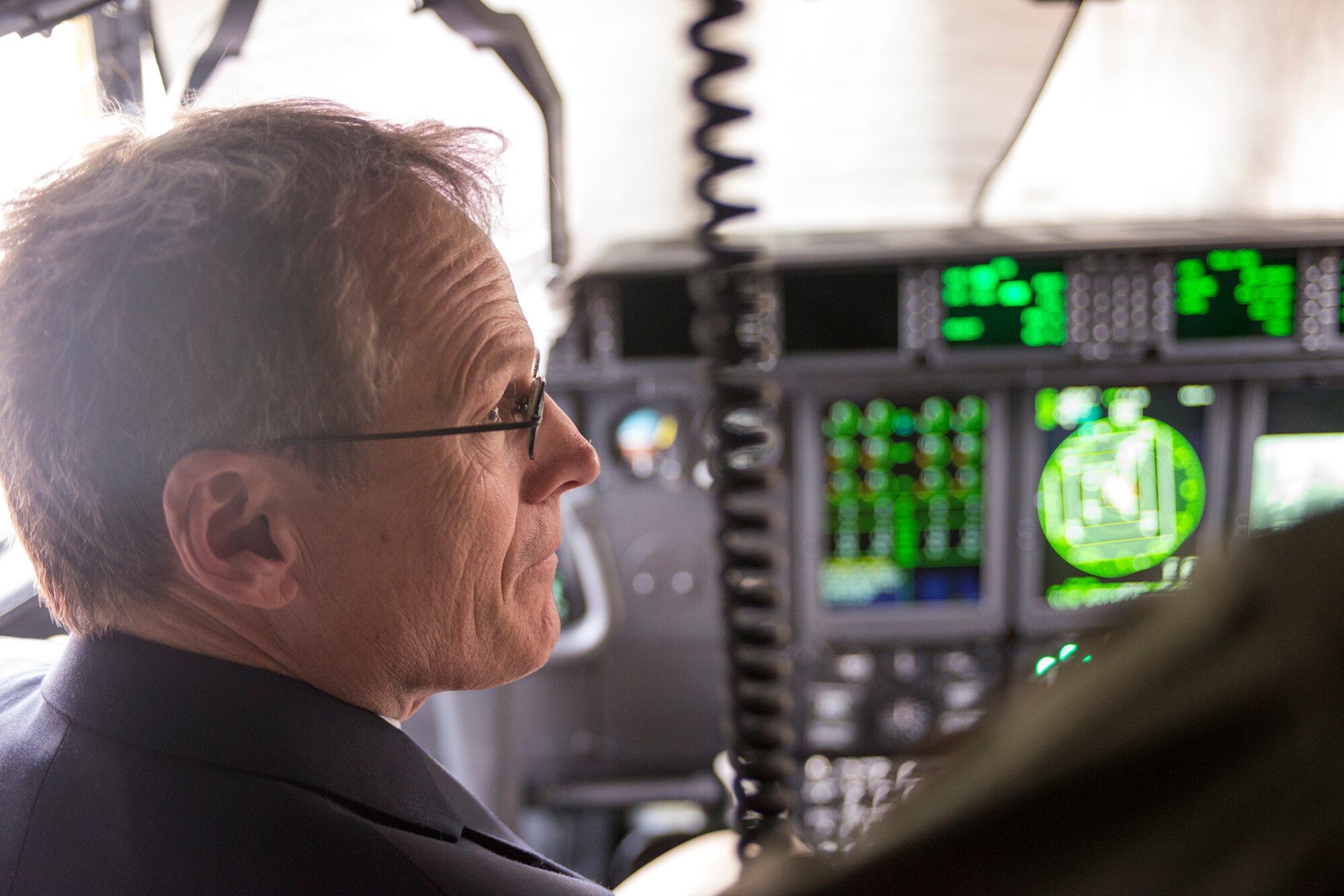 U.S. Rep. Jack Kingston takes a seat in the flight deck onboard an HC-130J Combat King II at Moody Air Force Base, Ga., Sept. 6, 2013. Kingston toured Moody’s newest aircraft, the HC-130J Combat King II, during his visit. (U.S. Air Force photo by Airman 1st Class Ryan Callaghan/Released)
