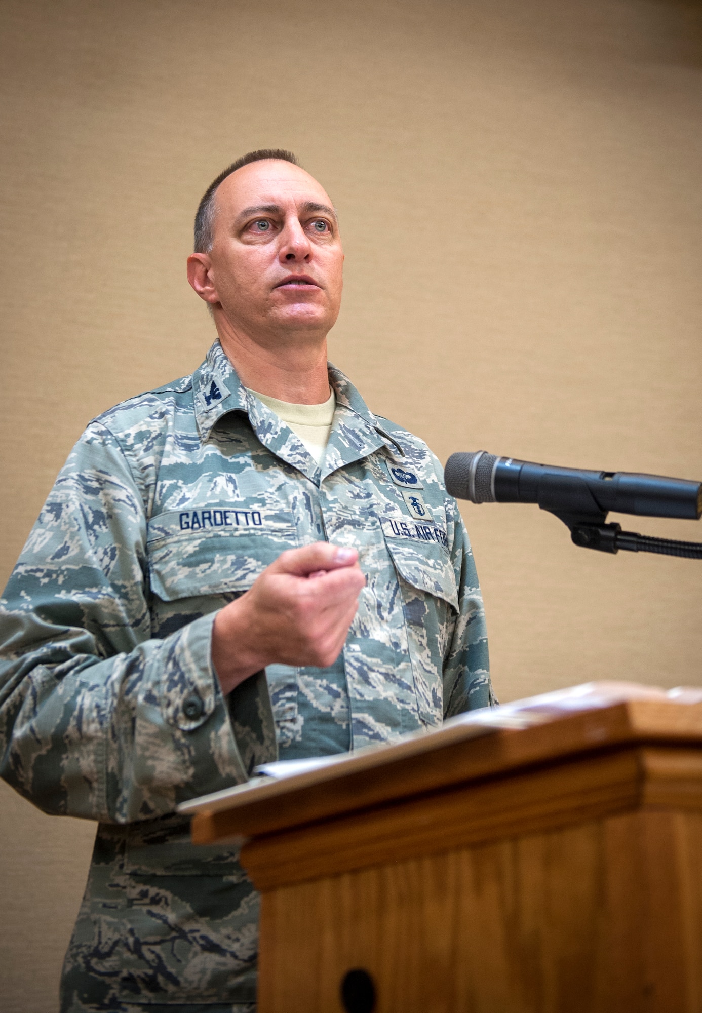 U.S. Air Force Col. Paul Gardetto, 23d Medical Group commander, gives a speech after assuming command of the 23d Medical Group at Moody Air Force Base, Ga., Sept. 6, 2013. Gardetto spoke about his priorities and plans as the new 23d MDG commander. (U.S. Air Force photo by Senior Airman Jarrod Grammel/Released)

