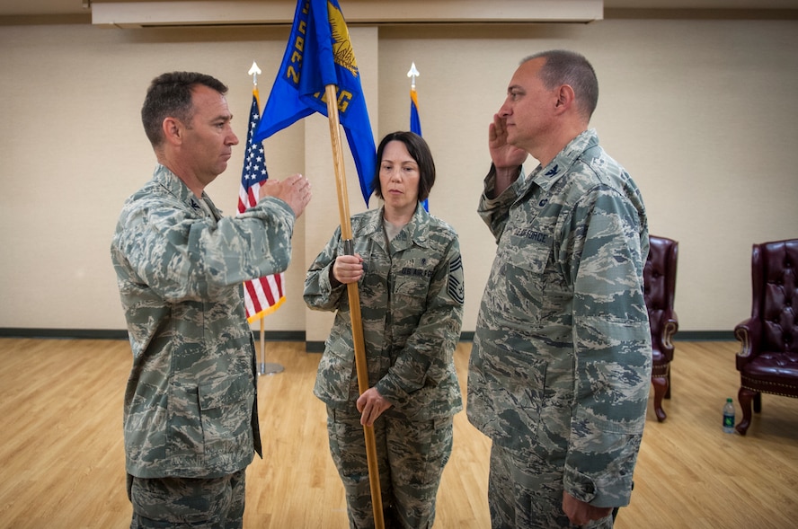 U.S. Air Force Col. Paul Gardetto, 23d Medical Group commander, salutes Col. Chad Franks, 23d Wing commander, during the 23d MDG assumption of command ceremony at Moody Air Force Base, Ga., Sept. 6, 2013. Before assuming command of the 23d MDG, Gardetto was the 380th Expeditionary Medical Group commander in Southwest Asia. (U.S. Air Force photo by Senior Airman Jarrod Grammel/Released)
