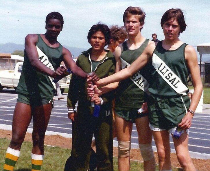 Paul Johnson, 56th Force Support Squadron Bryant Fitness Center fitness specialist supervisor, second from the left, poses for a photo with his track teammates in May 1979 in California. This photo was taken 11 months after Johnson recovered from a serious car accident. (Courtesy photo)