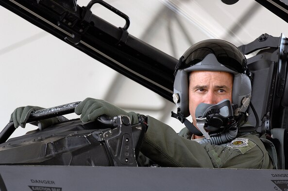 U.S. Air Force Maj. Gen. Jake Polumbo, 9th Air Force commander, looks at his crew chief before his flight at Seymour Johnson Air Force Base, N.C., Aug. 22, 2013. Polumbo is a command pilot with more than 4,000 flying hours in various aircraft, including the F-16 and U-2.  (U.S. Air Force photo by Airman 1st Class Brittain Crolley)