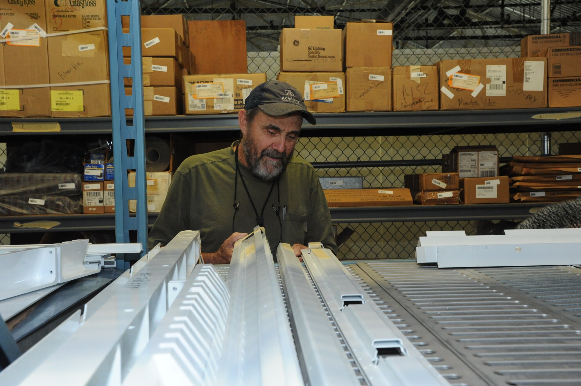 Jerry Sachse, 902nd Mission Support Group Trainer Development Division warehouseman, pulls parts needed for a C-17 Aeromedical Trainer project Aug. 19 at Joint Base San Antonio-Randolph.  (U.S. Air Force photo by Rich McFadden/released) 