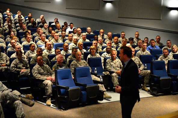 Acting Secretary of the Air Force Eric K. Fanning addresses Airmen during an all-call at Dover Air Force Base, Del. Sept. 5, 2013. The Acting SecAF is visiting Air Force bases to speak with Airmen about the Air Force and its future.  (U.S. Air Force photo/David S. Tucker)