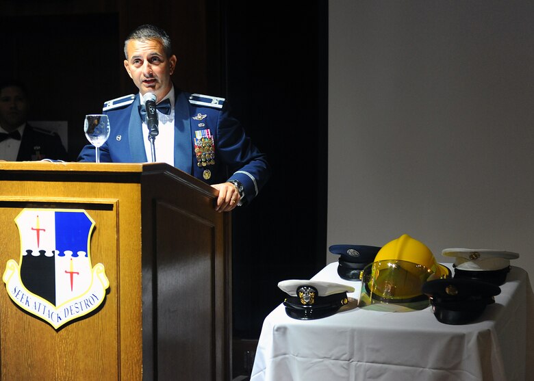 SPANGDAHLEM AIR BASE, Germany – U.S. Air Force Col. David Julazadeh, 52nd Fighter Wing commander, addresses the audience at the closing of the Air Force Ball at Club Eifel Sept. 7, 2013. This event marked the 66th anniversary of the Air Force and included performances to showcase Air Force heritage and history. (U.S. Air force photo by Staff Sgt. Daryl Knee/Released)