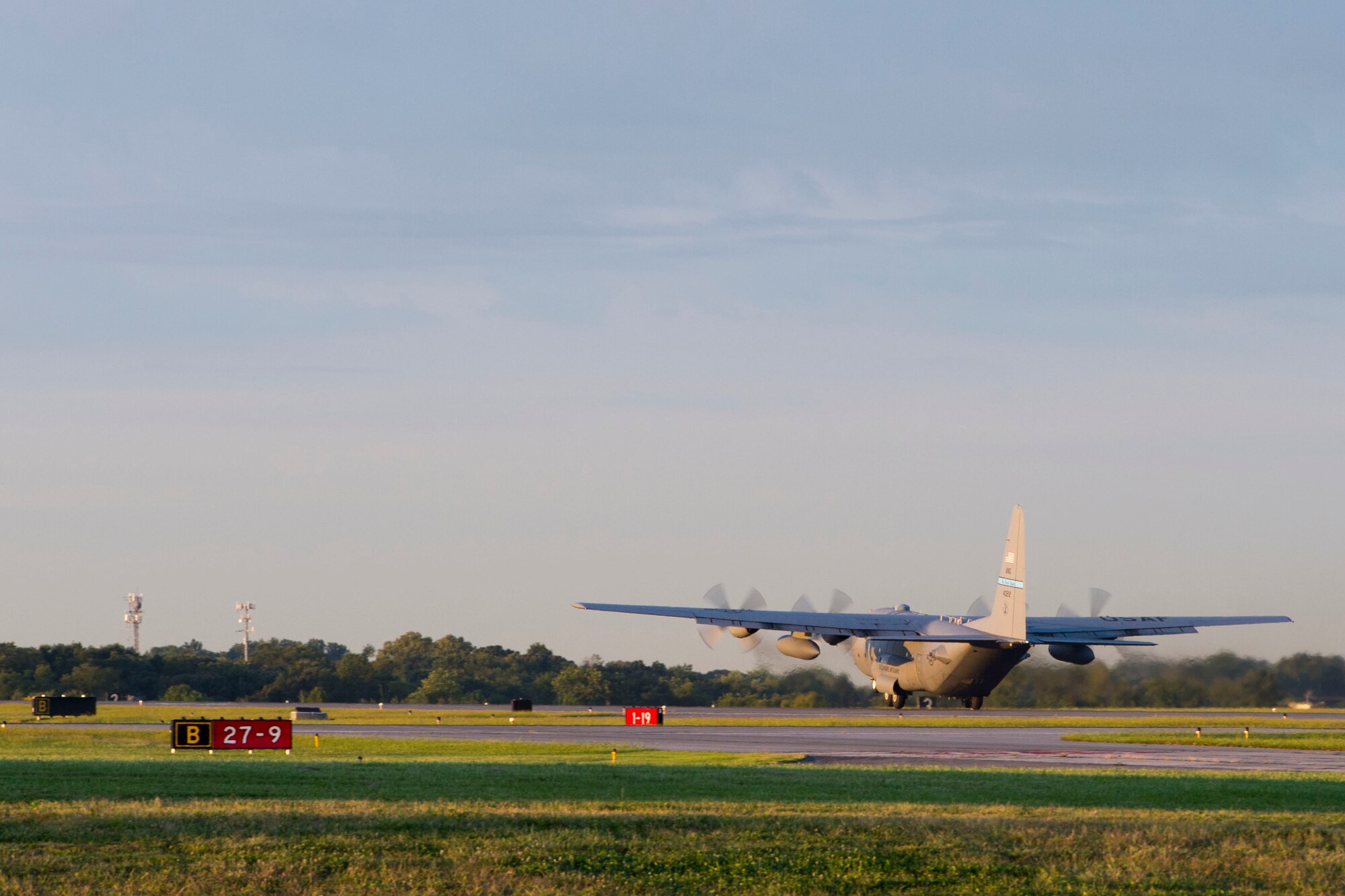 A C-130 H2 transport aircraft takes off on Sept. 9, 2013 to simulate flying to a forward operating base during a readiness exercise involving about 350 wing personnel at the New Castle Air National Guard Base, Del. Members of the 166th Airlift Wing, Delaware Air National Guard will simulate base defense while launching actual aircraft missions. The initial response phase of the exercise is Sept. 9, followed by a simulated "war" on Sept. 10. (U.S. Air National Guard photo by Tech. Sgt. Robin Meredith)