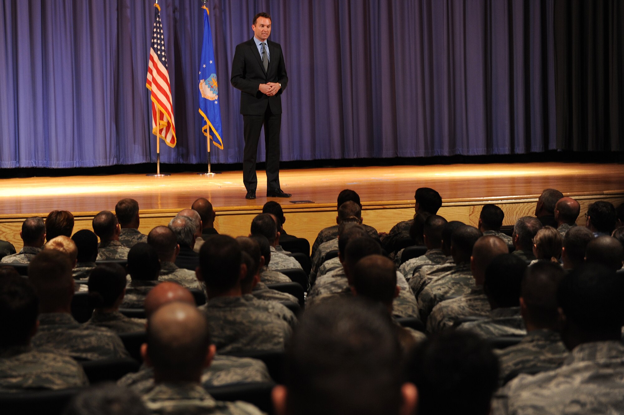 Acting Secretary of the Air Force Eric Fanning answers Airmen’s questions during a visit to Langley Air Force Base, Va., Sep. 5, 2013. Fanning toured the 94th Fighter Squadron, the 497th Intelligence, Surveillance and Reconnaissance Wing and the Air Force Targeting Center. Additionally, Fanning spoke to Langley Airmen about current Air Force issues, including sequestration, sexual assault prevention and force shaping. (U.S. Air Force photo by Senior Airman Brittany Paerschke-O’Brien/Released)
