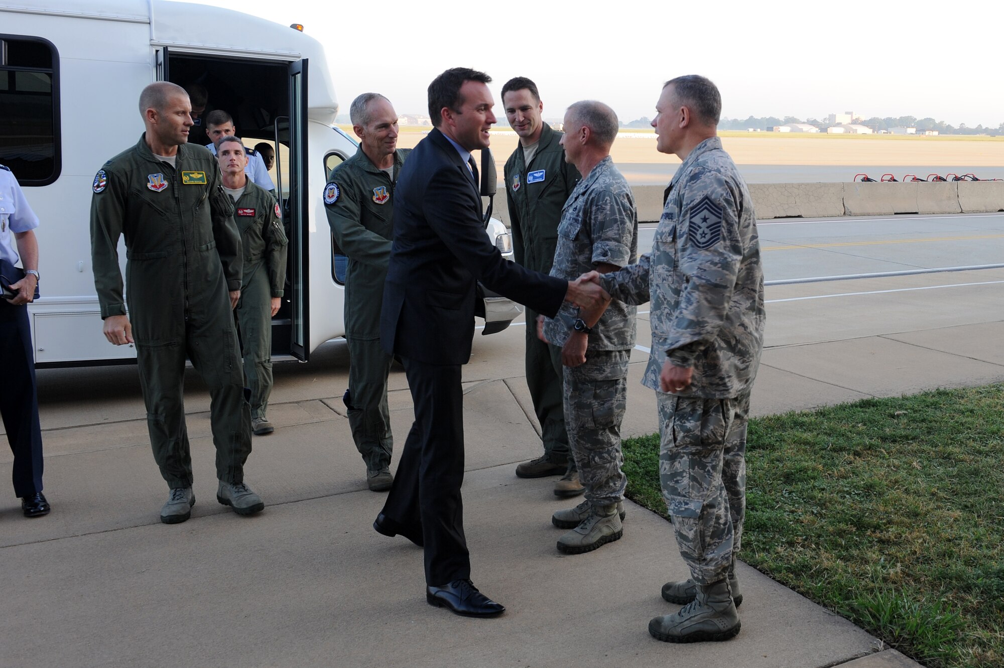 Acting Secretary of the Air Force Eric Fanning greets Airmen of the 94th Aircraft Maintenance Unit during a visit to Langley Air Force Base, Va., Sep. 5, 2013. Fanning toured the 94th Fighter Squadron, the 497th Intelligence, Surveillance and Reconnaissance Wing and the Air Force Targeting Center. Additionally, Fanning spoke to Langley Airmen about current Air Force issues, including sequestration, sexual assault prevention and force shaping. (U.S. Air Force photo by Senior Airman Brittany Paerschke-O’Brien/Released)