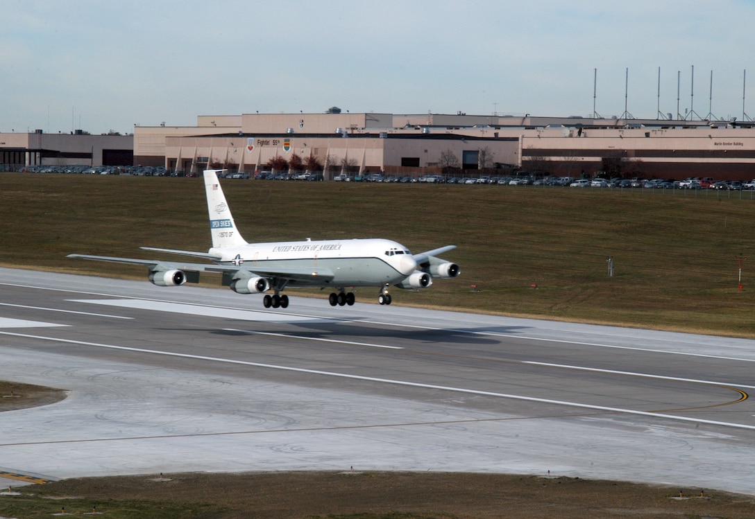 An OC-135B Open Skies aircraft takes off from Offutt Air Force Base, Neb. The Open Skies Consultative Commission recently announced the 1,000th observation flight had been surpassed as part of the Open Skies Treaty. Two OC-135B Open Skies aircraft, which support the treaty for the U.S., are assigned to the 55th Wing. (Photo by Josh Plueger)