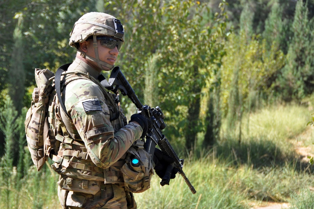 U.S. Army Spc. Alexander Moses provides perimeter security as troops assigned to Provincial Reconstruction Team Farah's civil affairs and engineering team discuss a solar-powered water pump project with the director of the Directorate of Agriculture, Irrigation and Livestock during a meeting at a compound in Farah City, Afghanistan, Sept. 5, 2013. Moses is assigned to Provincial Reconstruction Team Farah.