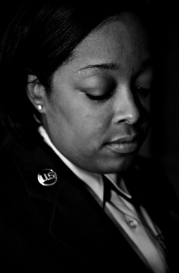 Master Sgt. Oniqua White-Muldrow recalls her experiences of the Sept. 11 attacks against the World Trade Center in New York,  Sept. 6, 2013, at Langley Air Force Base, Va. Muldrow specifically remembers people covered in ash and blood, crossing the Brooklyn Bridge looking for the nearest hospital. (U.S. Air Force photo illustration/Staff Sgt. Jarad A. Denton)