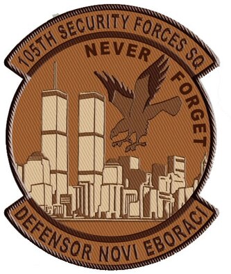Sept. 11, 2001,  is never too far from the hearts and minds of members of the 105th Security Forces Squadron deployed to Afghanistan from Stewart Air National Guard Base in Newburgh, New York. Through each other and mementos, like their squadron patch, they remember one unit member who was killed during the attacks of Sept. 11, 2001. (U.S. Air Force graphic) 