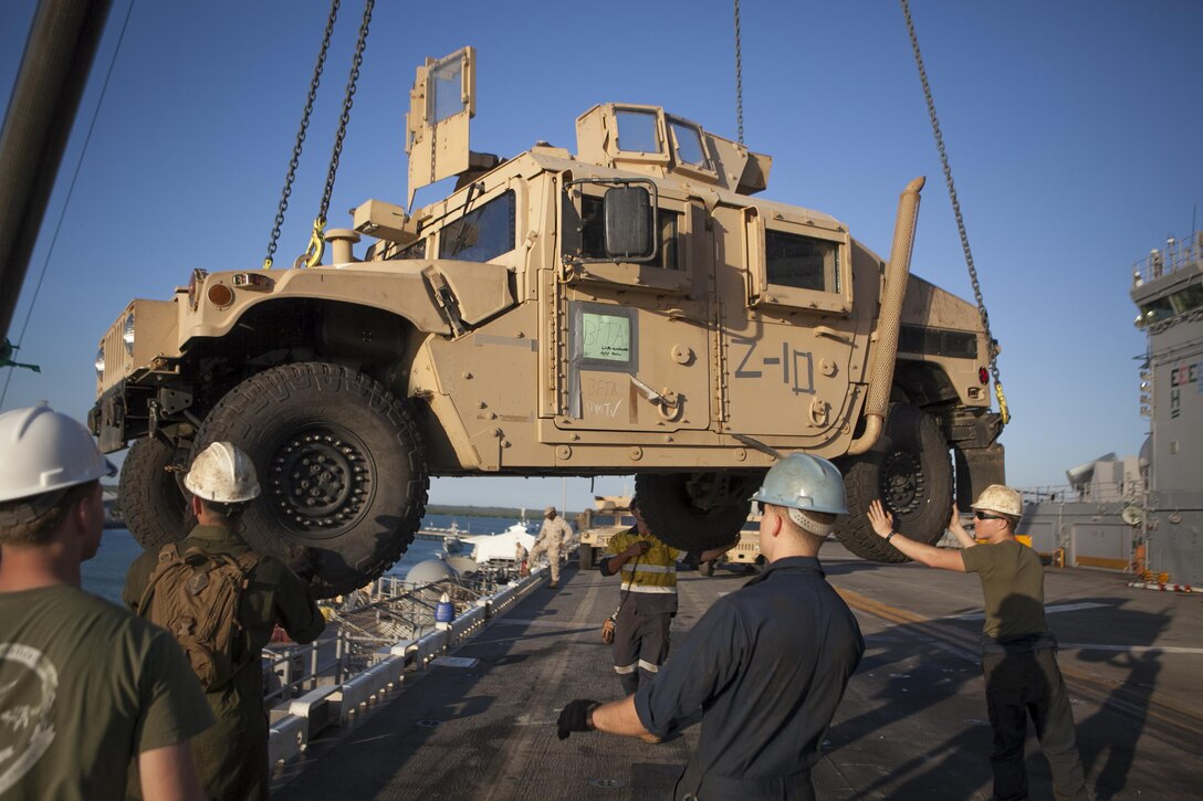 DARWIN, Northern Territory, Australia –Marines with the 31st Marine Expeditionary Unit help guide a High-Mobility, Multi-purpose Wheeled Vehicle onto the USS Bonhomme Richard (LHD- 6) during the  retrograde following Exercise Koolendong 13 here, Sept. 9. The 31st MEU moved a battalion-sized force more than 300 miles inland from the Port of Darwin to conduct a week-long, live-fire training exercise. Also participating in the exercise was were the Marines of Marine Rotational Force – Darwin and soldiers of the 5th Royal Australian Regiment.  The 31st MEU brings what it needs to sustain itself to accomplish the mission or toand pave the way for follow-on forces. The 31st MEU is the Marine Corps’ force in readiness for the Asia-Pacific region and the only continuously forward deployed MEU.