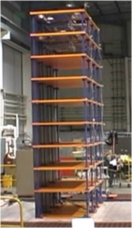 The Shaketable testing at ERDC’s Construction Engineering Research Laboratory represented blast effects for the nine-story frame structure.