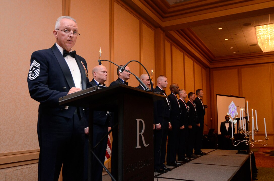 Chief Master Sgt. Wendell L. Peacock, 94th Airlift Wing command chief, recites the “Chiefs’ Characteristics” during the official recognition portion of the 2013 Dobbins Chief’s Recognition Ceremony held at the Renaissance Waverly Hotel, Atlanta, Ga., Sep. 7. (U.S. Air Force photo/Don Peek)