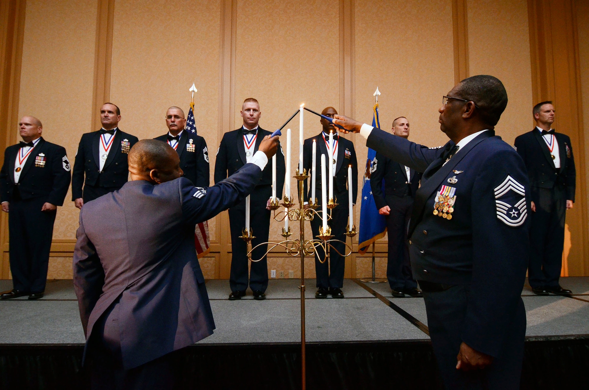 Eight Chief Master Sgt. Inductees are recognized during the official candle lighting portion of the 2013 Dobbins Chief’s Recognition Ceremony held at Renaissance Waverly Hotel, Atlanta, Ga., Sep. 7. (U.S. Air Force photo/Don Peek)