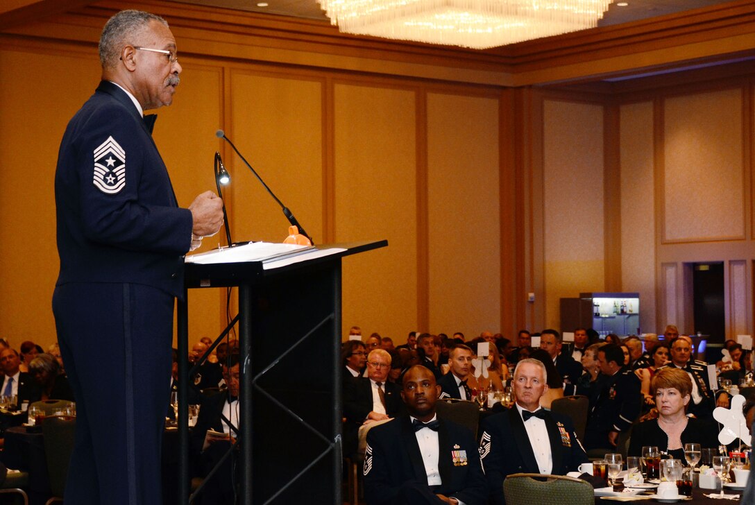 Guest speaker, retired Chief Master Sgt. Jackson A. Winsett, the 12th Command Chief Master Sgt., for the United States Air Force Reserve Command, spoke to a large audience attending the 2013 Dobbins Chief’s Recognition Ceremony held at the Renaissance Waverly Hotel, Atlanta, Ga., Sep. 7. Chief Winsett’ s long career included the Army, serving in the Republic of Vietnam, United States Air Force Reserve, performing duties in military personnel administration and management, including career advisor, first sergeant, and top enlisted advisor to the commanders at unit, group, wing and numbered Air Force levels. He retired on March 8, 2007. (U.S. Air Force photo/Don Peek)