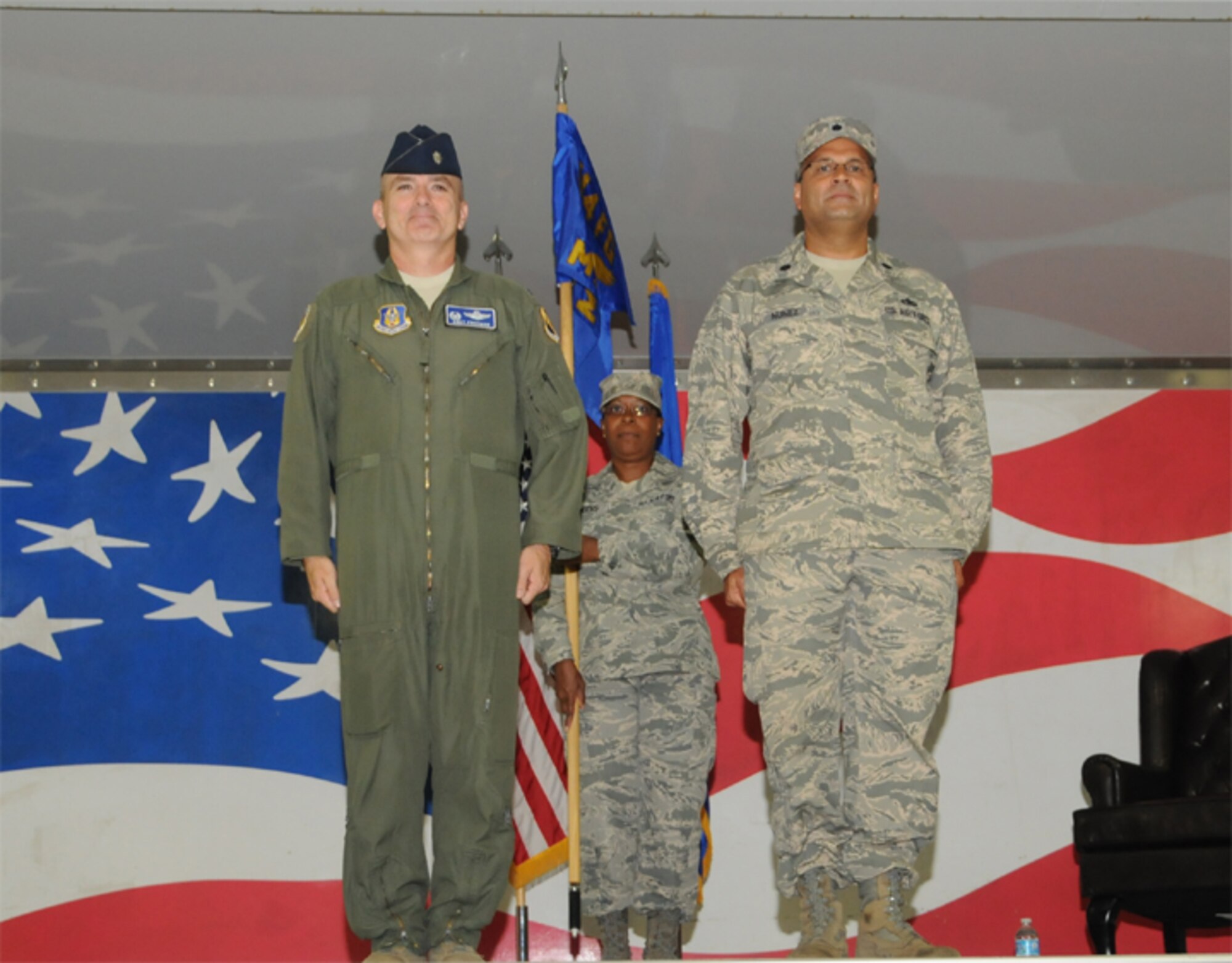 Lt. Col Christopher Freeman (left) presented Lt. Col. Luis Nunez (right) as the new 414th Maintenance Squdron commander during a ceremony in September. (USAF photo by TSgt. Scotty Sweatt, 916ARW/PA)