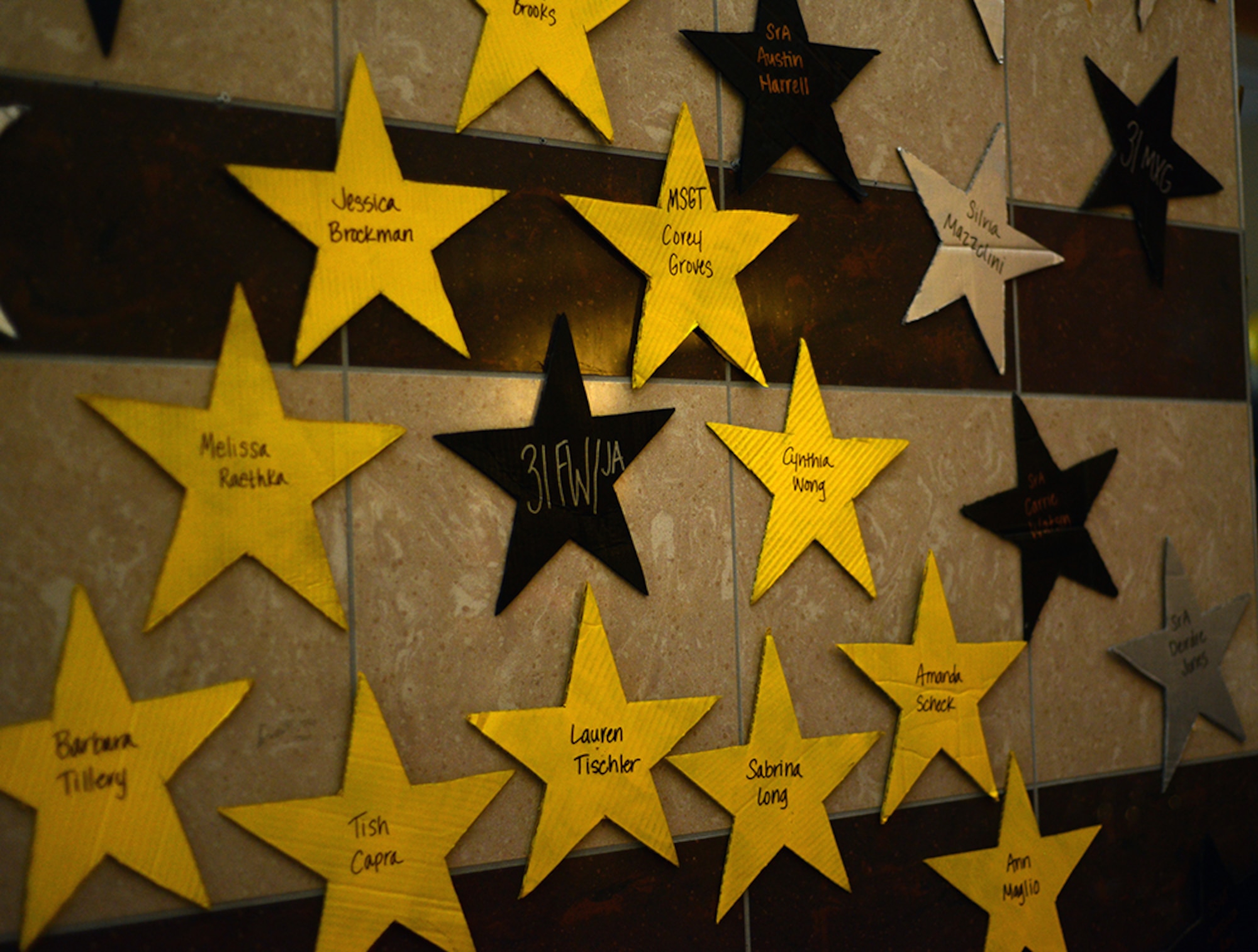 Following the theme of Aviano’s Air Force Ball “Stars of Aviano,” the walls of the La Bella Vista Club were lined with the names of previous award winners Sept. 6, 2013, at Aviano Air Base, Italy. Each year, Air Force installations around- the-world celebrate the birth of the Air Force during the month of September with a formal ball that highlights the traditions of the U. S. Air Force with speeches, toasts and remembrance of service members past and present. (U.S. Air Force photo/Senior Airman Michael Battles)
