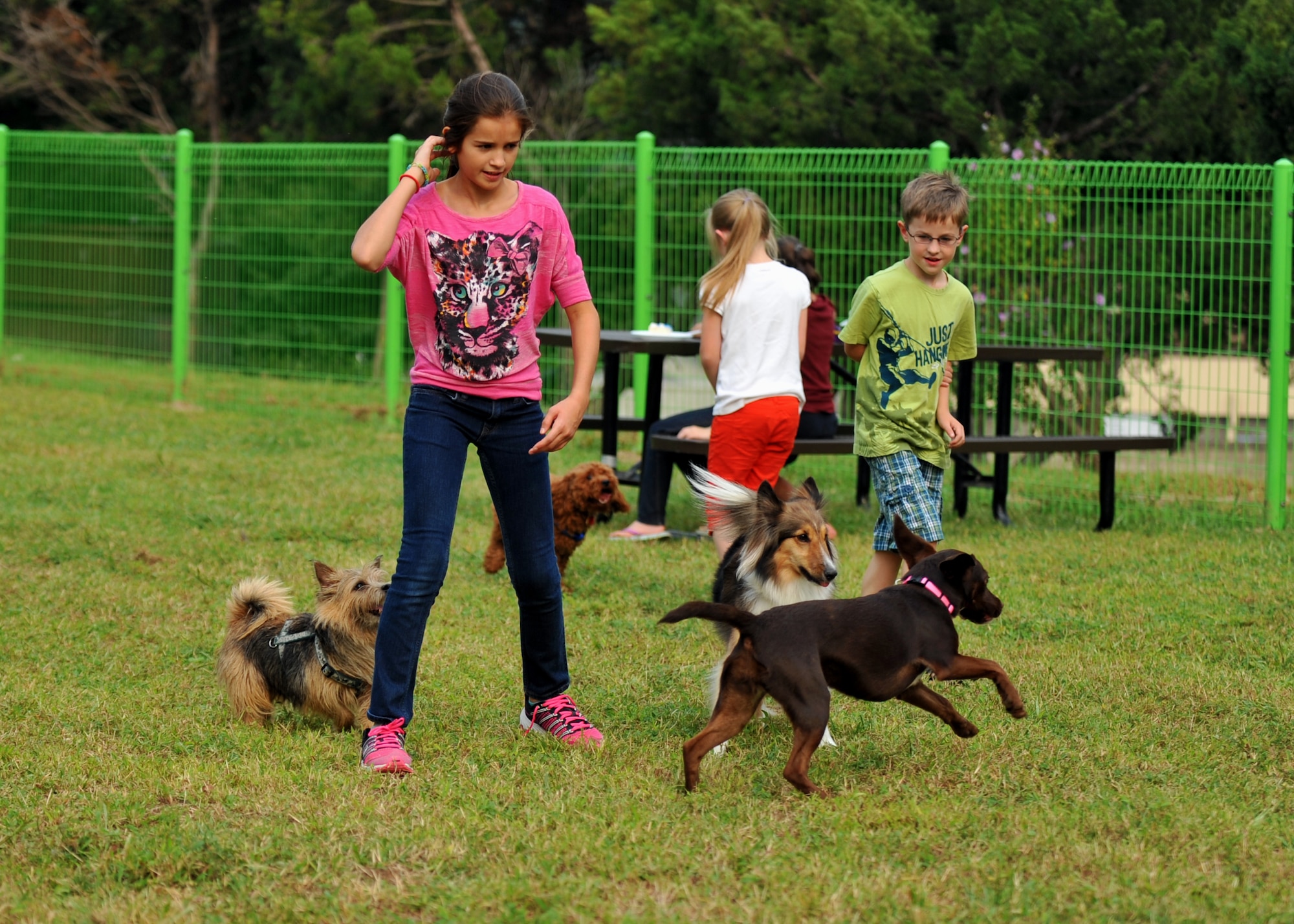 Children play with their dogs during the dog park’s grand opening at Osan Air Base, Republic of Korea, Sept. 9, 2013. The dog park provides one of the few areas on or around the base where dogs can run around without a leash and enjoy themselves. (U.S. Air Force photo/ Senior Airman Siuta B. Ika)