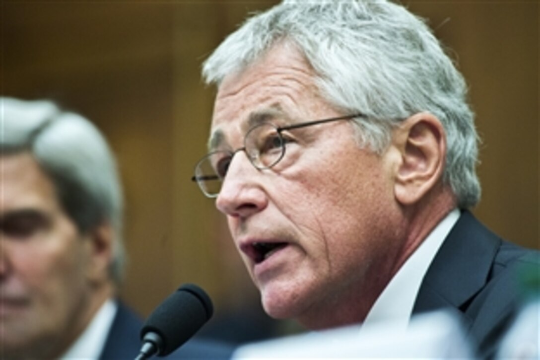 Defense Secretary Chuck Hagel testifies before the House Armed Services Committee in Washington D.C., Sept. 10, 2013. Hagel testified with Secretary of State John F. Kerry and Army Gen. Martin E. Dempsey, chairman of the Joint Chiefs of Staff, to seek congressional approval for a limited military strike in Syria in response to its government’s alleged use of chemical weapons. 