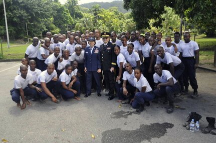 Maj. Gen. Frank Vavala and Brig. Gen. Carol Timmons, Assistant Adjutant General, Air, visit with recruits to the Trinidad and Tobago Air Guard.