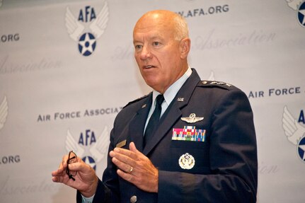 Lt. Gen. Harry M. Wyatt III, the director of the Air National Guard, addresses mission readiness and other challenges facing the ANG in future years during the Air Force Association Air and Space Conference and Technical Exposition at National Harbor, Md., Sept. 18, 2012.