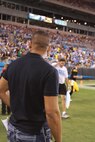 Marines with Marine Corps Air Station New River's Single Marine Program watch a football game between the Carolina Panthers and the Pittsburgh Steelers, Aug. 29, at the Bank of America Stadium in Charlotte, N.C.
