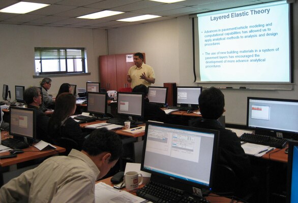 ERDC Geotechnical and Structures Laboratory’s Carlos Gonzalez, conducts a training workshop on the use of the Pavement-Transportation Computer Assisted Structural Engineering pavement design and evaluation software in Seoul, Republic of Korea.