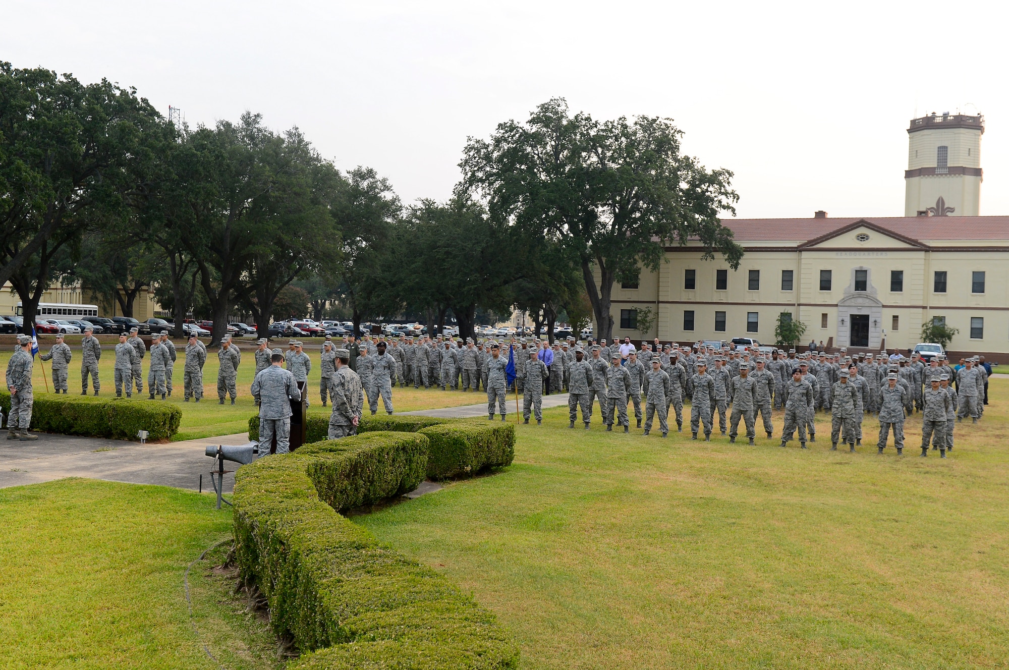 Col. Andrew Gebara, 2nd Bomb Wing commander, speaks to Airmen on Barksdale Air Force Base, La., Sept. 11, 2013. Gebara talked about the events of 9/11 and the 2nd BW's involvement in military operations following the attack. (U.S. Air Force photo/Senior Airman Micaiah Anthony)
