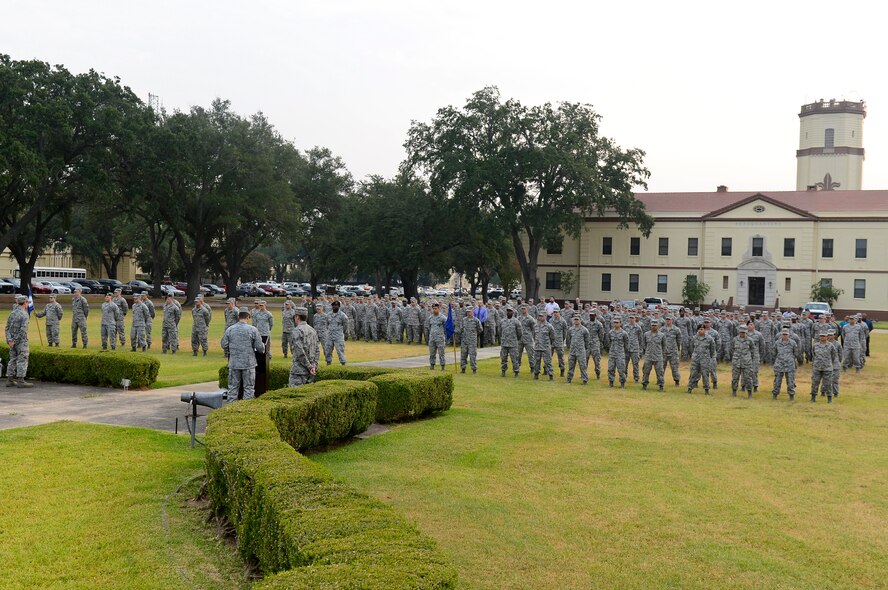 Col. Andrew Gebara, 2nd Bomb Wing commander, speaks to Airmen on Barksdale Air Force Base, La., Sept. 11, 2013. Gebara talked about the events of 9/11 and the 2nd BW's involvement in military operations following the attack. (U.S. Air Force photo/Senior Airman Micaiah Anthony)
