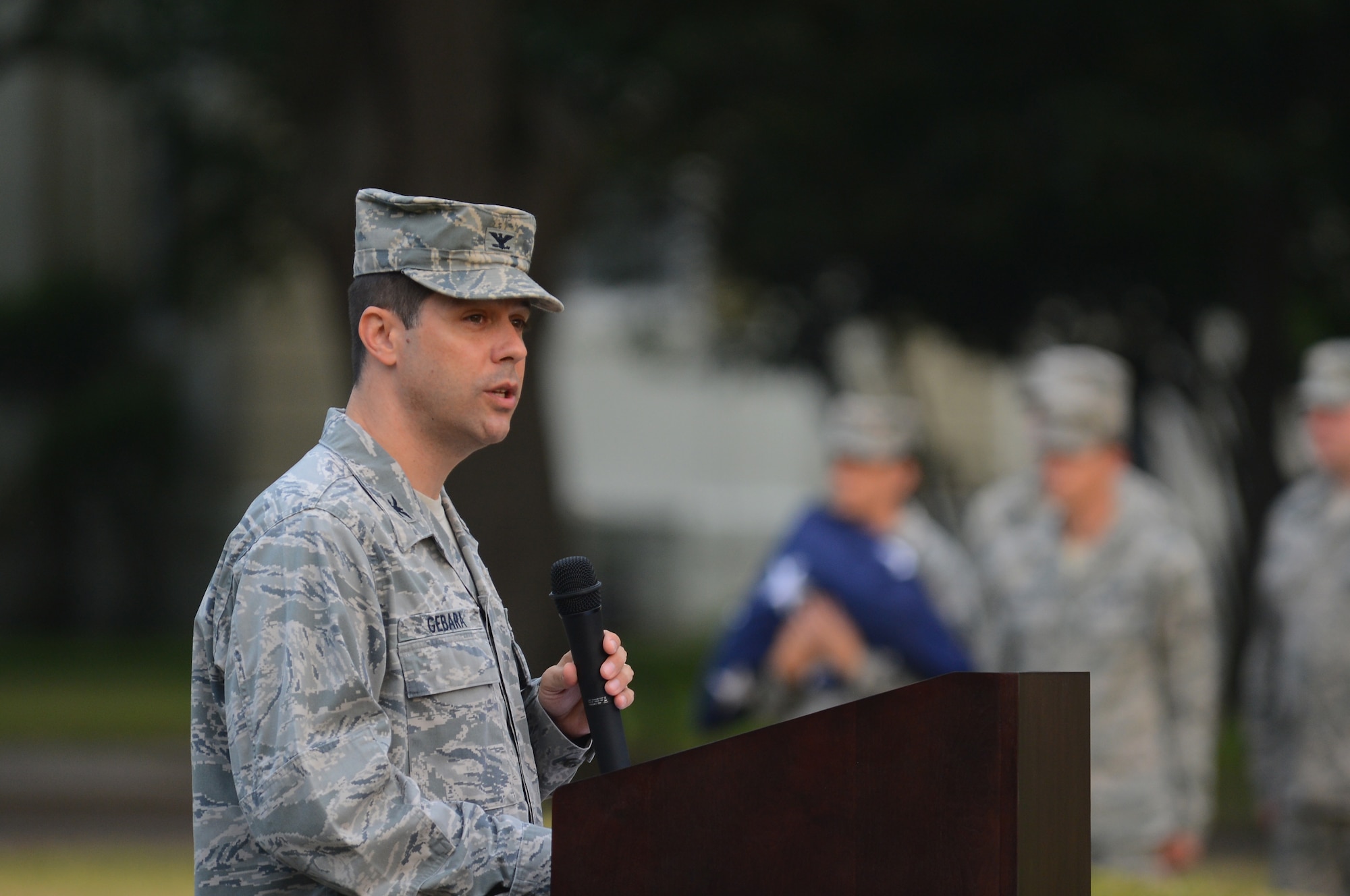 Col. Andrew Gebara, 2nd Bomb Wing commander, addresses members of Team Barksdale during the 9/11 Remembrance Ceremony on Barksdale Air Force Base, La., Sept. 11, 2013. On the morning of the attacks Sept. 11, 2001 Air Force One was diverted to Barksdale so President George W. Bush could address the nation. (U.S. Air Force photo/Senior Airman Micaiah Anthony)
