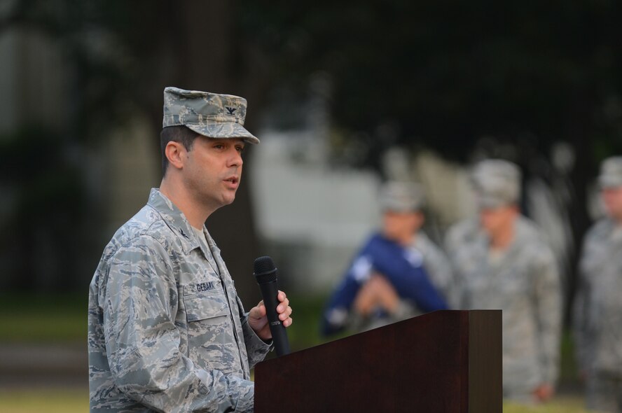 Col. Andrew Gebara, 2nd Bomb Wing commander, addresses members of Team Barksdale during the 9/11 Remembrance Ceremony on Barksdale Air Force Base, La., Sept. 11, 2013. On the morning of the attacks Sept. 11, 2001 Air Force One was diverted to Barksdale so President George W. Bush could address the nation. (U.S. Air Force photo/Senior Airman Micaiah Anthony)