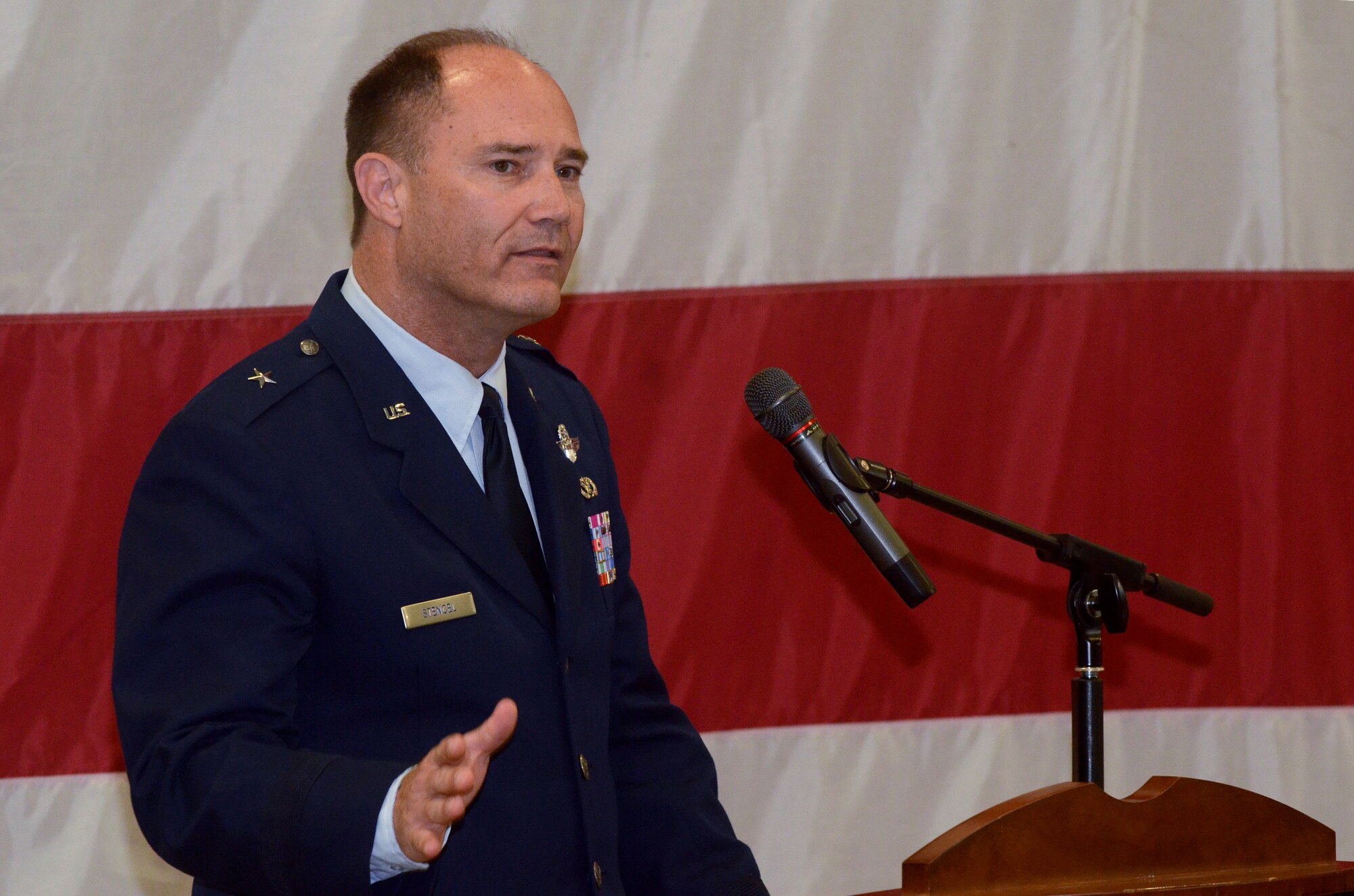 Oregon Air National Guard Brig. Gen. Michael Stencel, address those attendance after taking command of the Oregon Air National Guard during a ceremony held at the Anderson Readiness Center, Salem, Ore., Sept. 8, 2013. (Air National Guard photo by Tech. Sgt. John Hughel, 142nd Fighter Wing Public Affairs/Released)