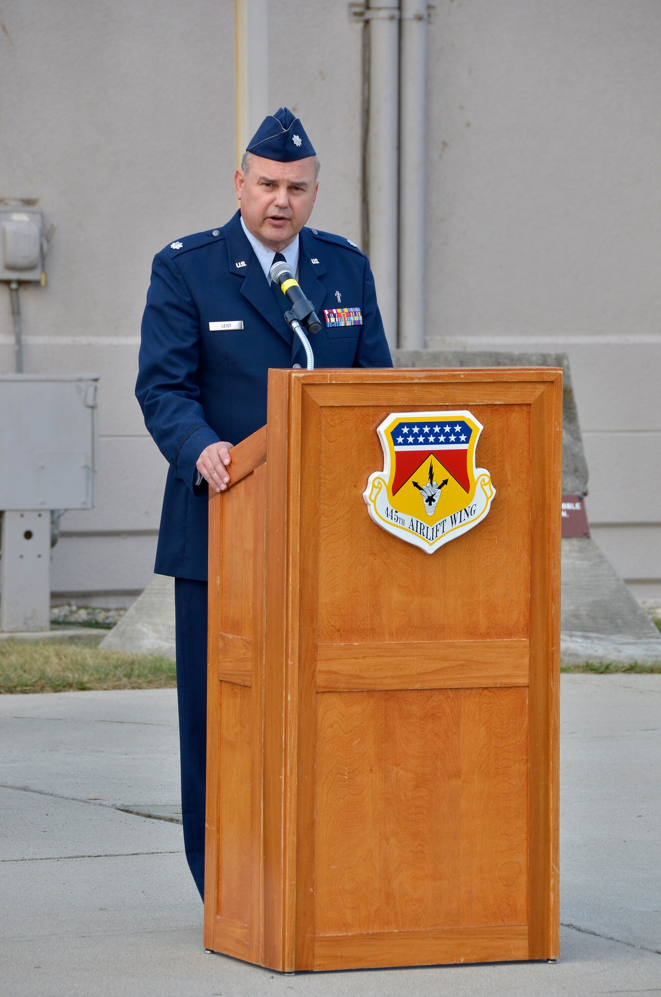 WRIGHT-PATTERSON AIR FORCE BASE, Ohio – Chaplain (Lt. Col.) David Leist, 445th Airlift Wing Chaplain Corps, presides over the 445th Airlift Wing’s Patriot Day ceremony Sept. 11, 2013. More than 70 wing personnel attended the ceremony, marking the twelfth year anniversary of the attacks. (U.S. Air Force photo/Stacy Vaughn)