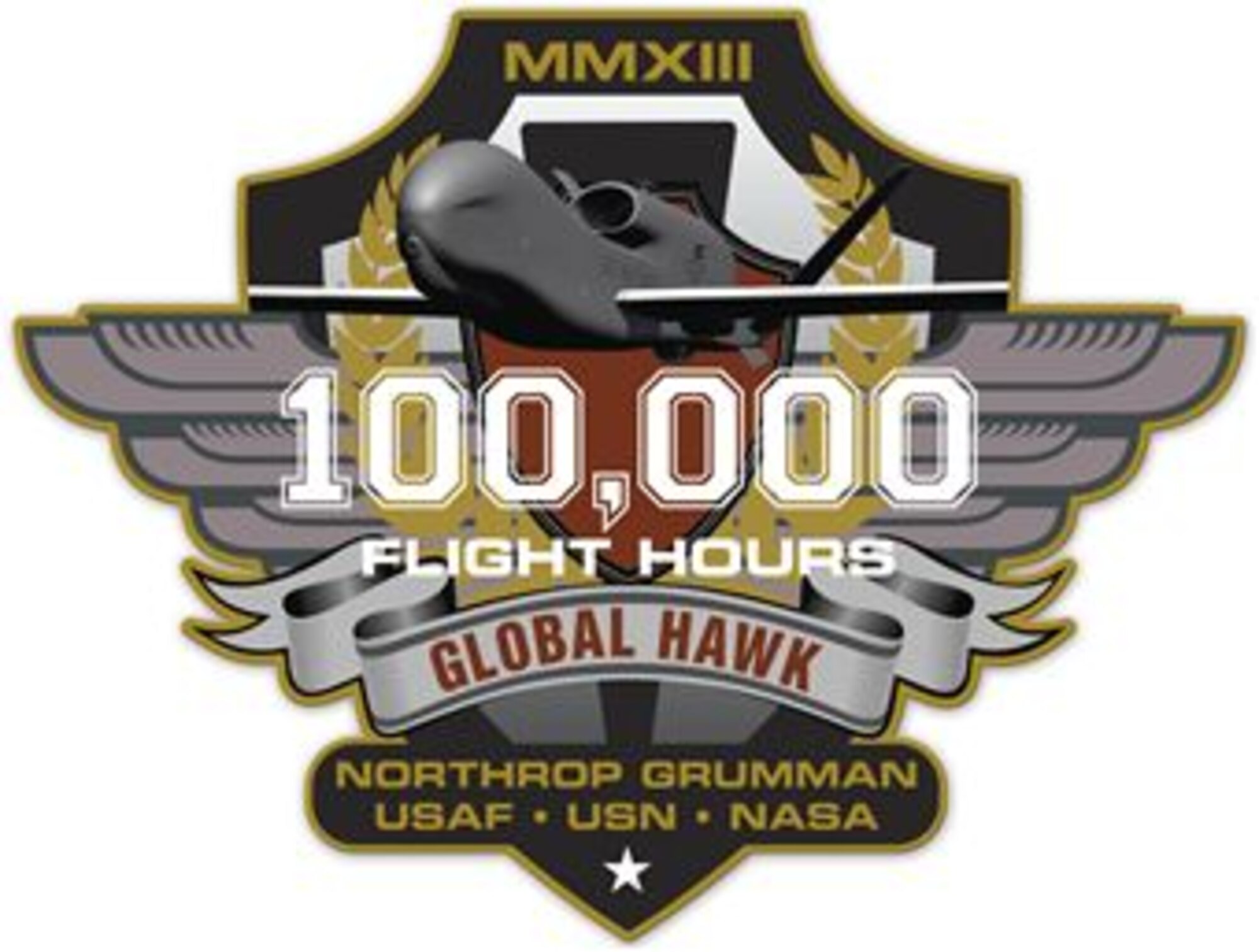 Members of the 69th Reconnaissance Group at Grand Forks Air Force Base, N.D., will receive patches such as this one from Northrop Grumman Corp. commemorating the Global Hawk reaching the milestone of 100,000 flight hours on Sept. 5, 2013. No federal endorsement intended or implied. (Courtesy image/Northrop Grumman Corp.)
